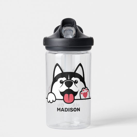 Schattige Siberische Husky aangepaste naam Waterfles (Voorkant)