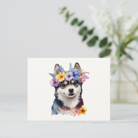 Schattige Siberische Husky-hond met bloemen  Briefkaart (Staand voorkant)
