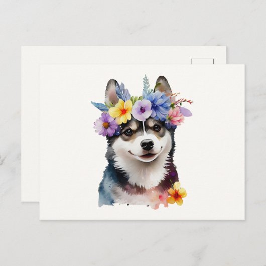 Schattige Siberische Husky-hond met bloemen  Briefkaart (Voorkant / Achterkant)
