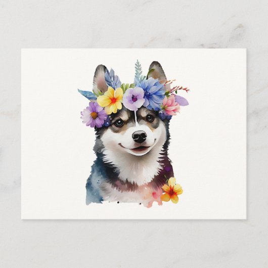 Schattige Siberische Husky-hond met bloemen  Briefkaart (Voorkant)