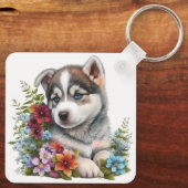 Schattige Siberische Husky Puppy Dog Sleutelhanger (Achterkant)