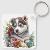 Schattige Siberische Husky Puppy Dog Sleutelhanger (Achterkant)