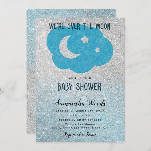 Schattige Silver en Blue Glitter Moon Baby shower Kaart (Voorkant / Achterkant)