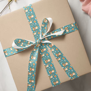 Schattige Sinaasappel blauwgroen Puppy Flowers Satijnen Lint