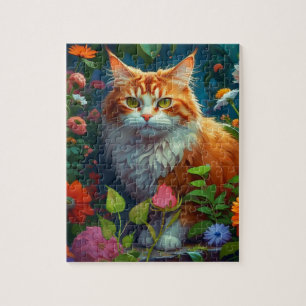Schattige Sinaasappel Cat in Flowers Legpuzzel
