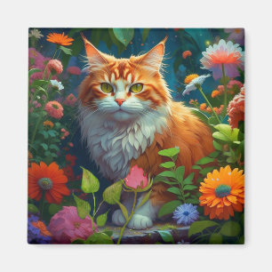 Schattige Sinaasappel Cat in Flowers Magneet