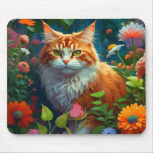 Schattige Sinaasappel Cat in Flowers Muismat