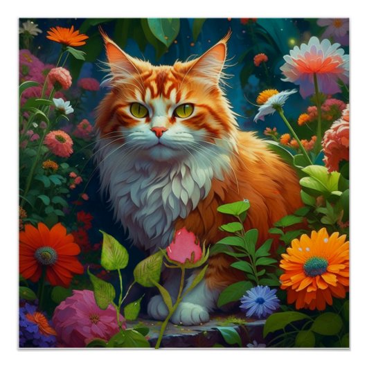 Schattige Sinaasappel Cat in Flowers Perfect Poster (Voorkant)