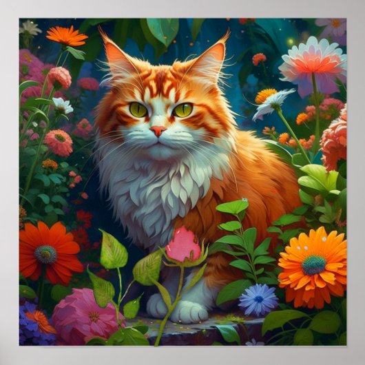 Schattige Sinaasappel Cat in Flowers Poster (Voorkant)