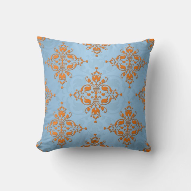 Schattige Sinaasappel en blauw Damask Kussen (Voorkant)