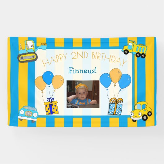 Schattige Sinaasappel en blauw Happy Birthday gepe Spandoek (Horizontaal)