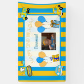 Schattige Sinaasappel en blauw Happy Birthday gepe Spandoek (Verticaal)