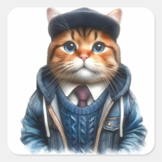 Schattige Sinaasappel en wit Tabby Cat Dragen een  Vierkante Sticker (Voorkant)