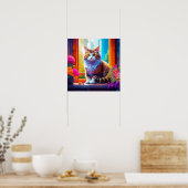 Schattige Sinaasappel en witte kat zitten in stads Poster (Keuken)