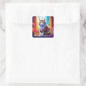 Schattige Sinaasappel en witte kat zitten in stads Vierkante Sticker (Tas)