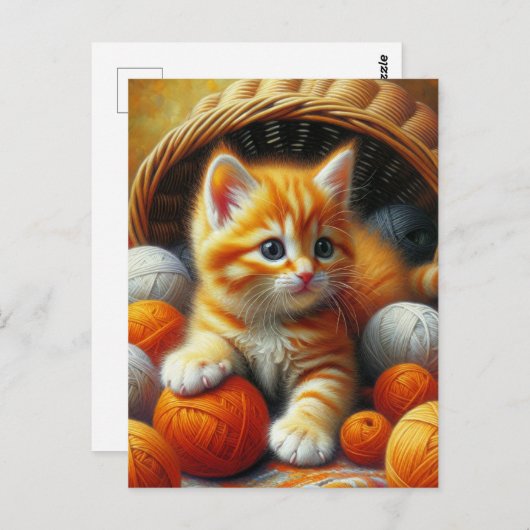 Schattige Sinaasappel en witte kitten spelen in ga Briefkaart (Voorkant / Achterkant)