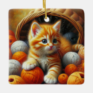 Schattige Sinaasappel en witte kitten spelen in ga Keramisch Ornament
