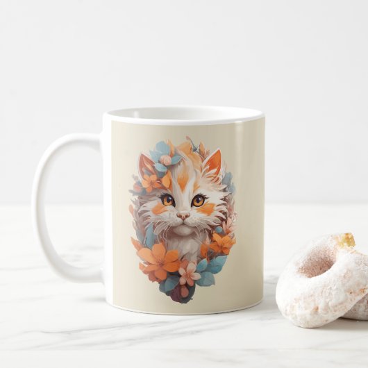 Schattige Sinaasappel Floral Kitty Cat Koffiemok (Met donut)