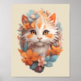 Schattige Sinaasappel Floral Kitty Cat Poster