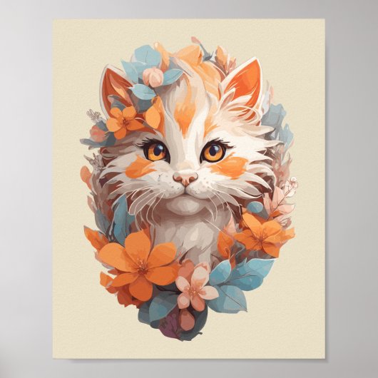 Schattige Sinaasappel Floral Kitty Cat Poster (Voorkant)