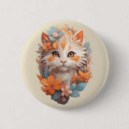 Schattige Sinaasappel Floral Kitty Cat Ronde Button 5,7 Cm