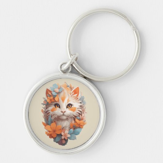 Schattige Sinaasappel Floral Kitty Cat Sleutelhanger (Voorkant)