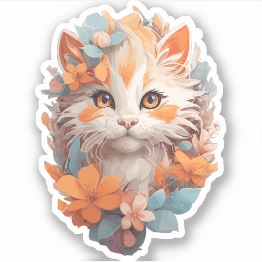 Schattige Sinaasappel Floral Kitty Cat Sticker (Voorkant)