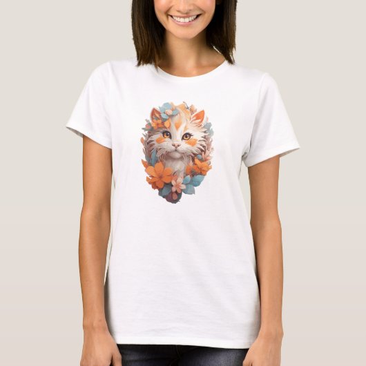 Schattige Sinaasappel Floral Kitty Cat T-shirt (Voorkant)