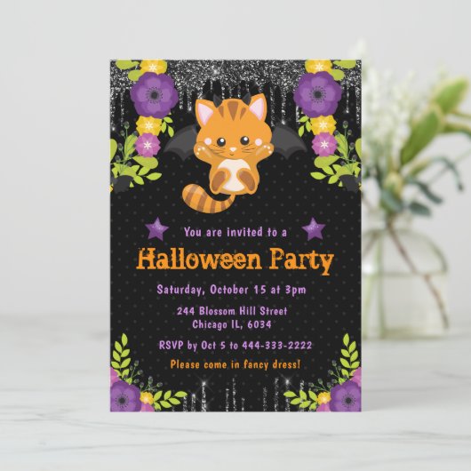 Schattige Sinaasappel kat bloemig Halloween feest Kaart (Staand voorkant)