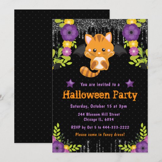 Schattige Sinaasappel kat bloemig Halloween feest Kaart (Voorkant / Achterkant)