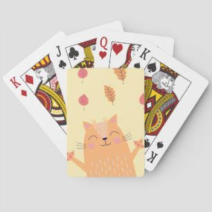 Schattige Sinaasappel Kat Speelt in Herfstbladeren Pokerkaarten