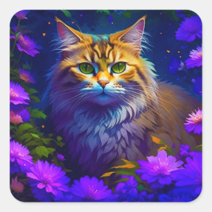 Schattige Sinaasappel Kitty Cat in Flowers Vierkante Sticker