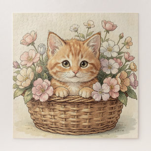 Schattige Sinaasappel Kleuren Katje Bloem Mand Legpuzzel