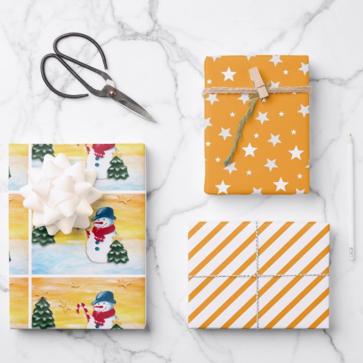 Schattige Sinaasappel Sneeuwman Kerstboom Star Pat Inpakpapier Vel (Voorkant)