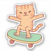 Schattige Sinaasappel Tabby Cat Skaten Op Skateboa Sticker (Voorkant)