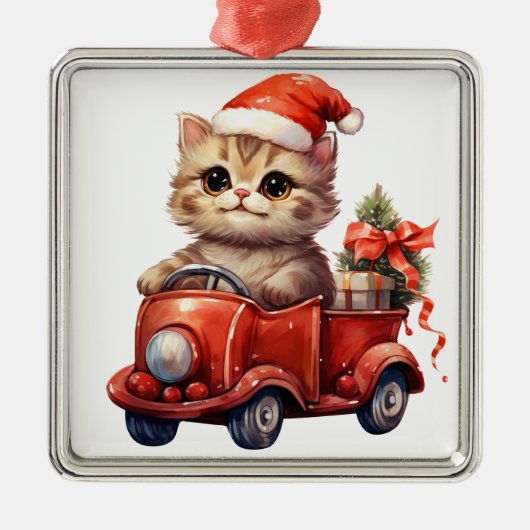 SCHATTIGE SINAASAPPEL TABBY KITTEN RIJDEN EEN AUTO METALEN ORNAMENT (Voorkant)