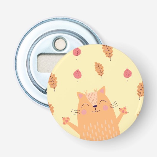 Schattige Sinaasappelrode Kat Speelt in Herfstblad Button Flesopener (Voorkant)