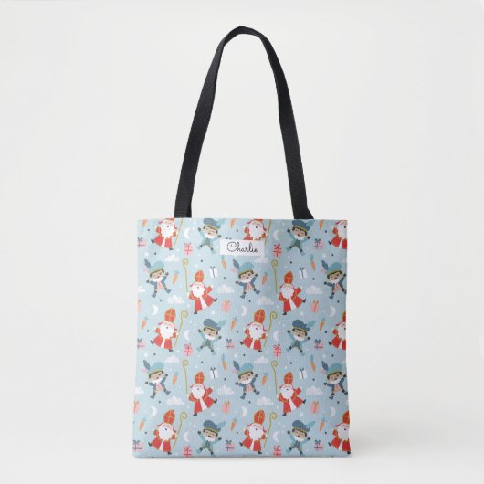 Schattige Sinterklaas en Piet Pattern op Blauw Tote Bag (Voorkant)