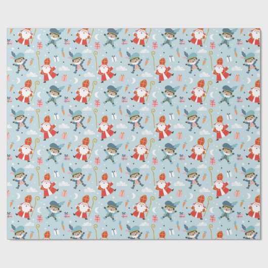 Schattige Sinterklaas en Piet Pattern op lichtblau Cadeaupapier (Vlak)