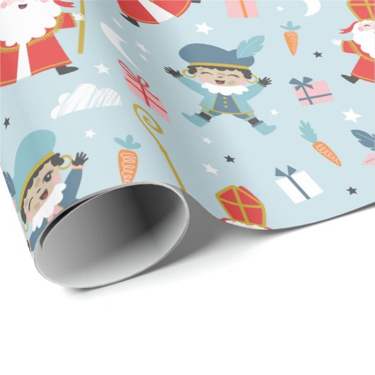 Schattige Sinterklaas en Piet Pattern op lichtblau Cadeaupapier (Rol Hoek)