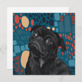 Schattige Sitting Black Pug Dog op Blauw Abstract (Voorkant / Achterkant)