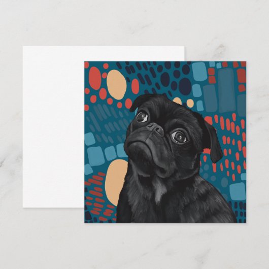 Schattige Sitting Black Pug Dog op Blauw Abstract (Voorkant / Achterkant)
