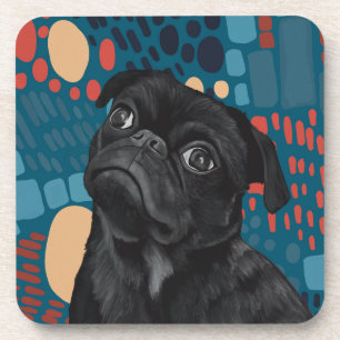 Schattige Sitting Black Pug Dog op Blauw Abstract Bier Onderzetter