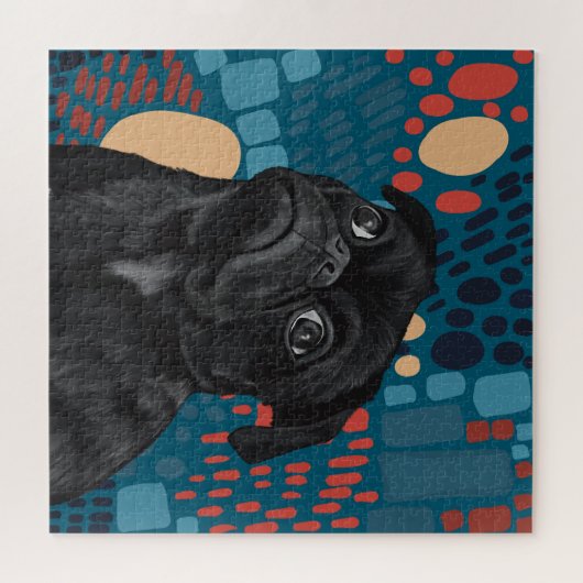 Schattige Sitting Black Pug Dog op Blauw Abstract Legpuzzel (Horizontaal)