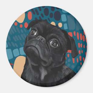 Schattige Sitting Black Pug Dog op Blauw Abstract Magneet