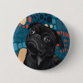 Schattige Sitting Black Pug Dog op Blauw Abstract Ronde Button 5,7 Cm (Voorkant)