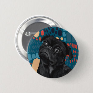 Schattige Sitting Black Pug Dog op Blauw Abstract Ronde Button 5,7 Cm