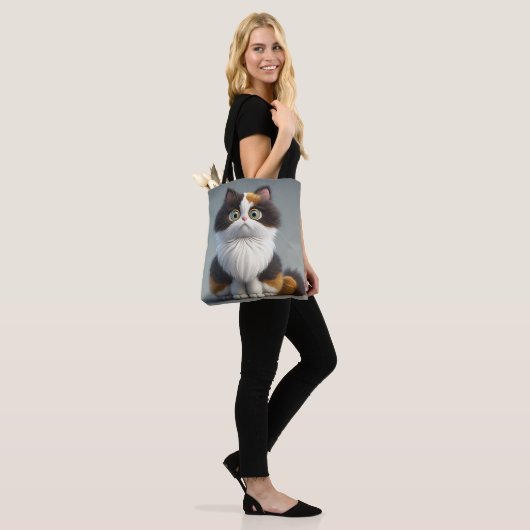 SCHATTIGE SITTING CARTOON CALICO CAT TOTE BAG (Op model)