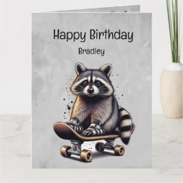 Schattige skateboarden Raccoon Fun Animal Birthday Kaart