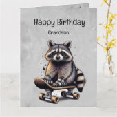 Schattige Skateboarden Raccoon Kleinzoon Verjaarda Kaart (Gele Bloem)